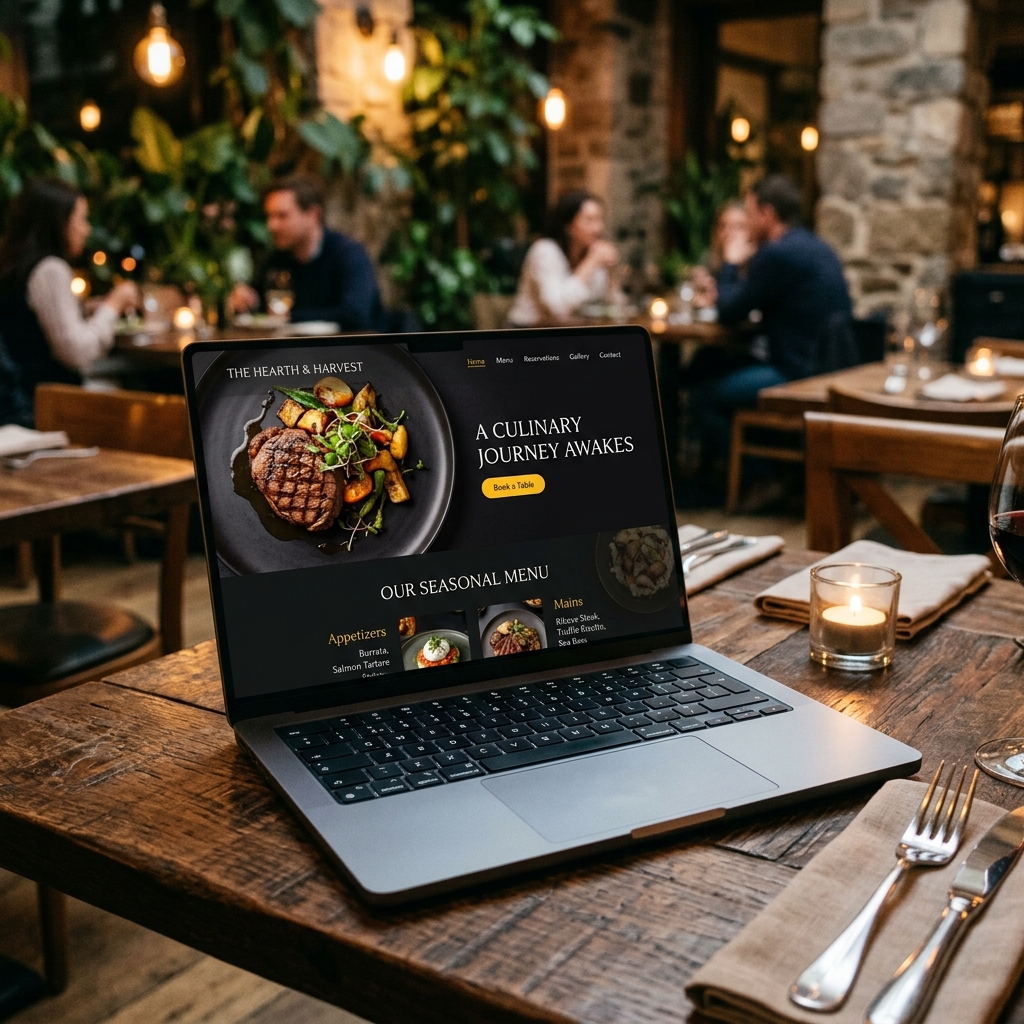 Strona internetowa dla restauracji - laptop z menu na stole restauracyjnym