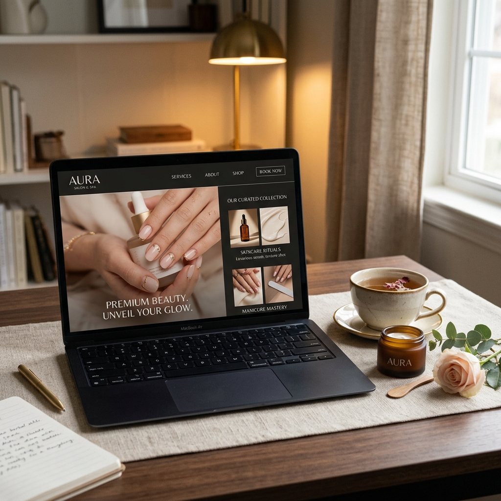 Strona internetowa dla salonu kosmetycznego - laptop i kosmetyki